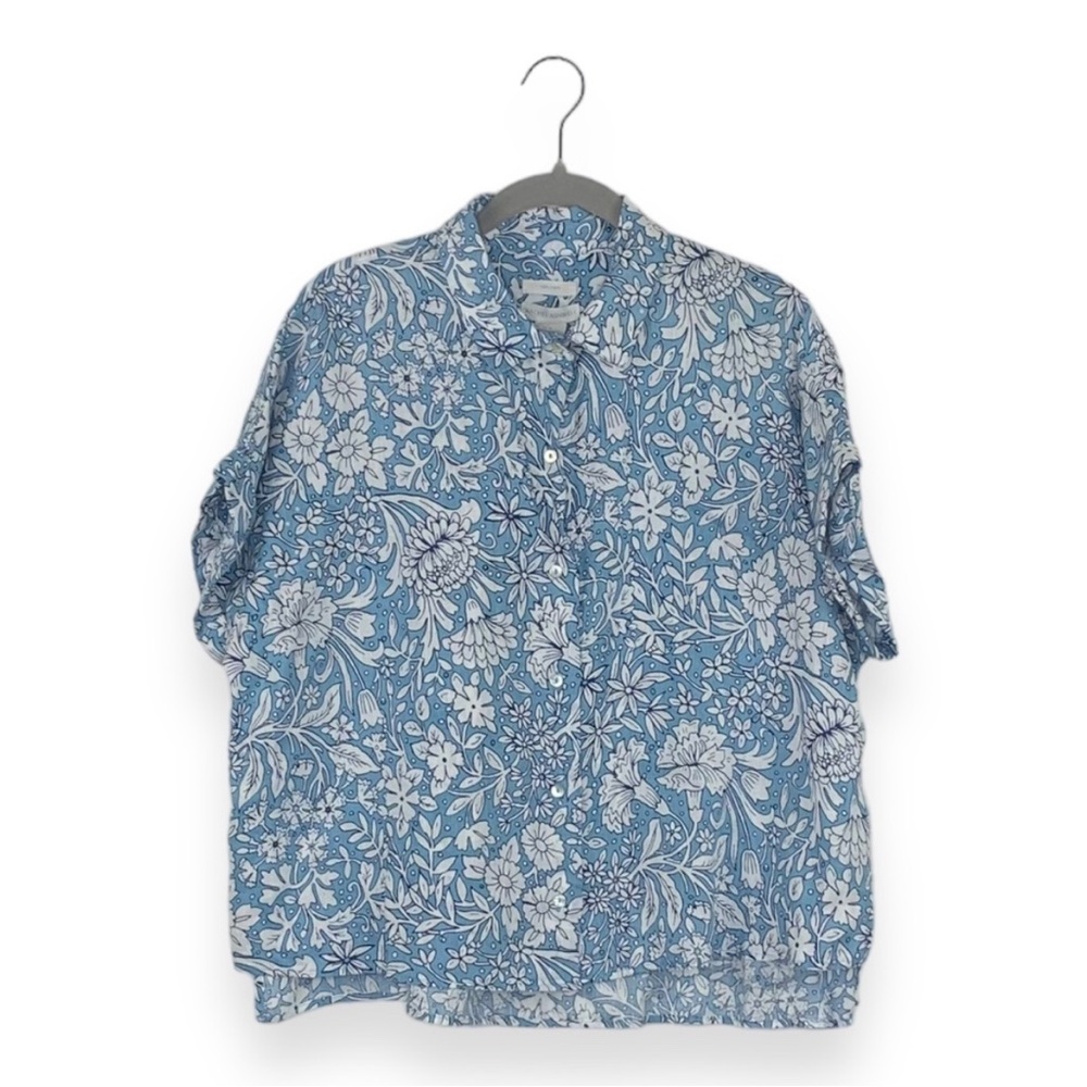 Rachel Ashwell Blue White Floral 100%
Linen Short Sleeve Button Up Shirt